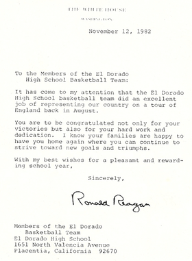 1982 ED Basketball Letter from Reagan